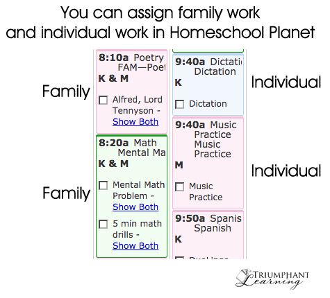 Homeschool Planet has flexible scheduling. You can schedule the same assignment for one student, multiple students, or the whole family.