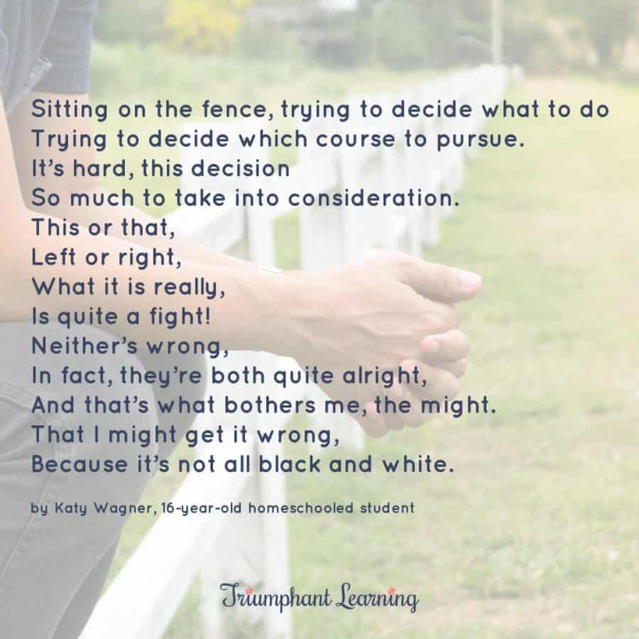 On the Fence Poem
Sitting on the fence, trying to decide what to do
Trying to decide which course to pursue.
It’s hard, this decision
So much to take into consideration.
This or that,
Left or right,
What it is really,
Is quite a fight!
Neither’s wrong,
In fact, they’re both quite alright,
And that’s what bothers me, the might.
That I might get it wrong,
Because it’s not all black and white.
by Katy Wagner, 16-year-old homeschooled student